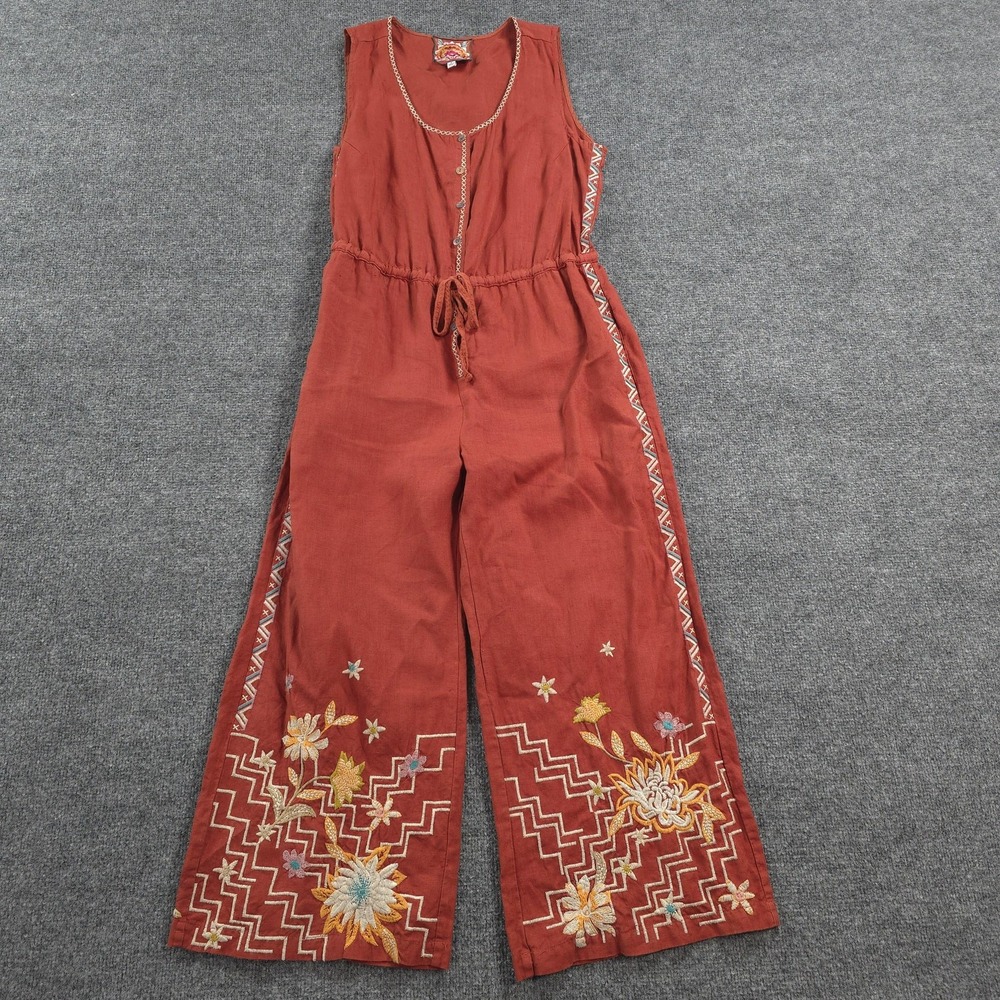 Johnny Was Jumpsuit Womens M Rust Elia Linen Embroidered Floral Wide Leg Boho